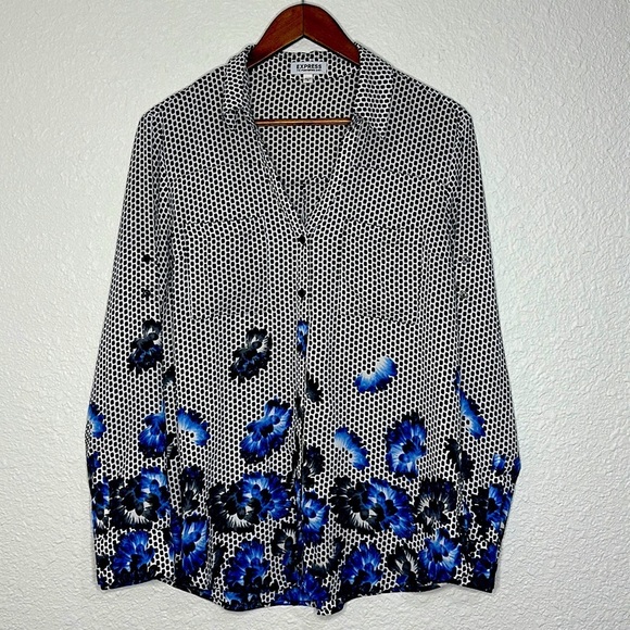 EXPRESS the portofino shirt size large blue floral dots business work office - Picture 1 of 7
